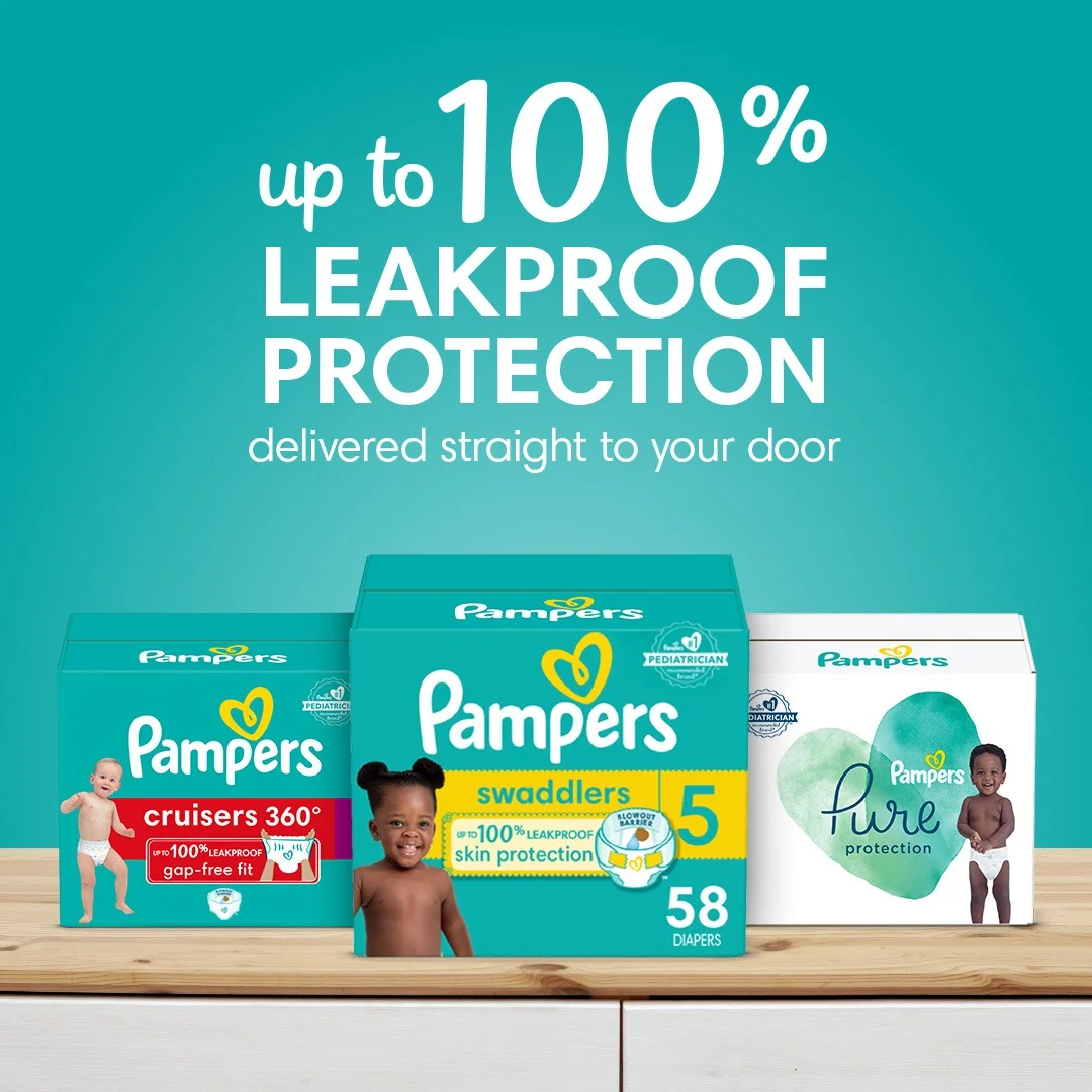 Pampers three product lines on teal background with leakproof protection headline
