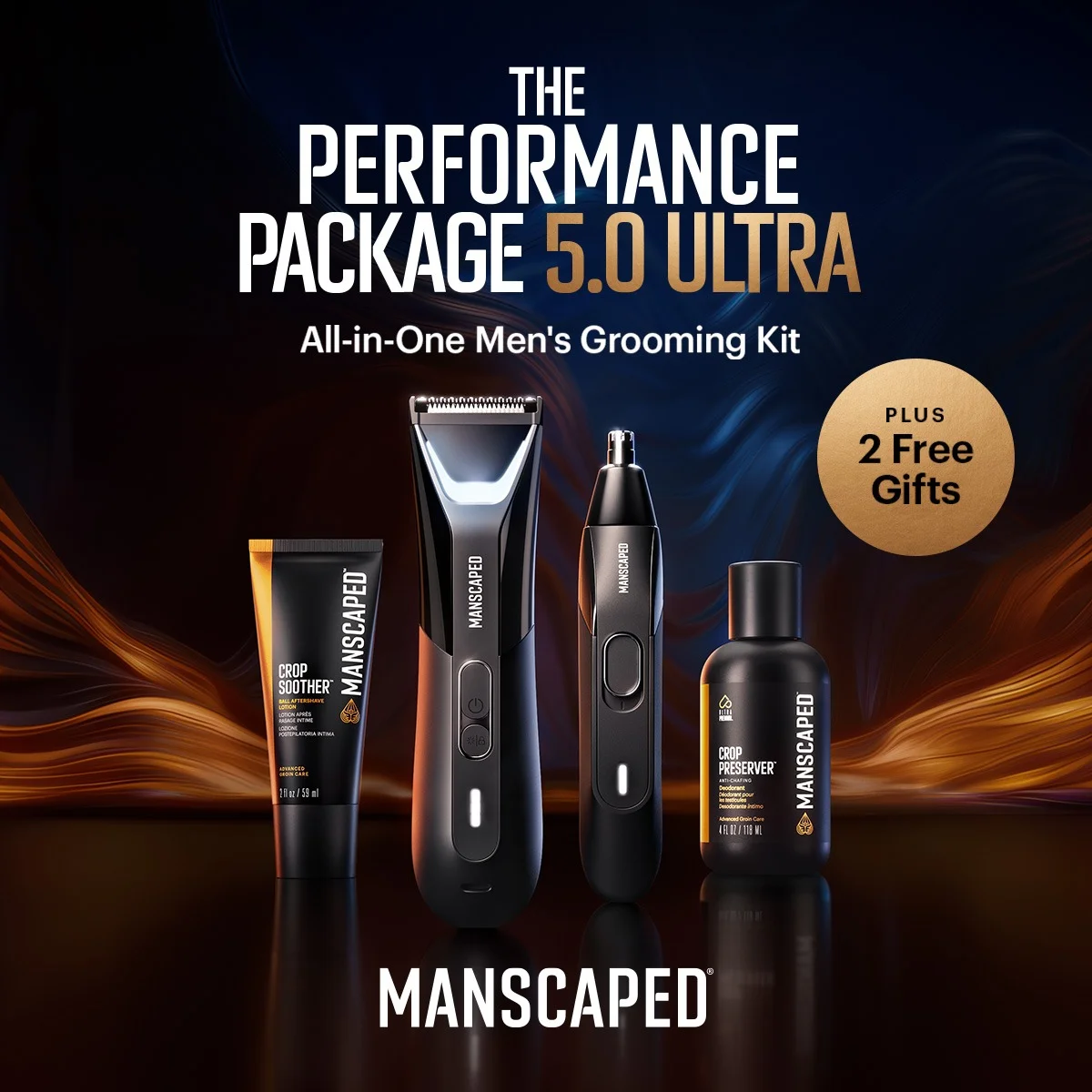MANSCAPED Performance Package 5.0 Ultra product lineup on dark reflective surface