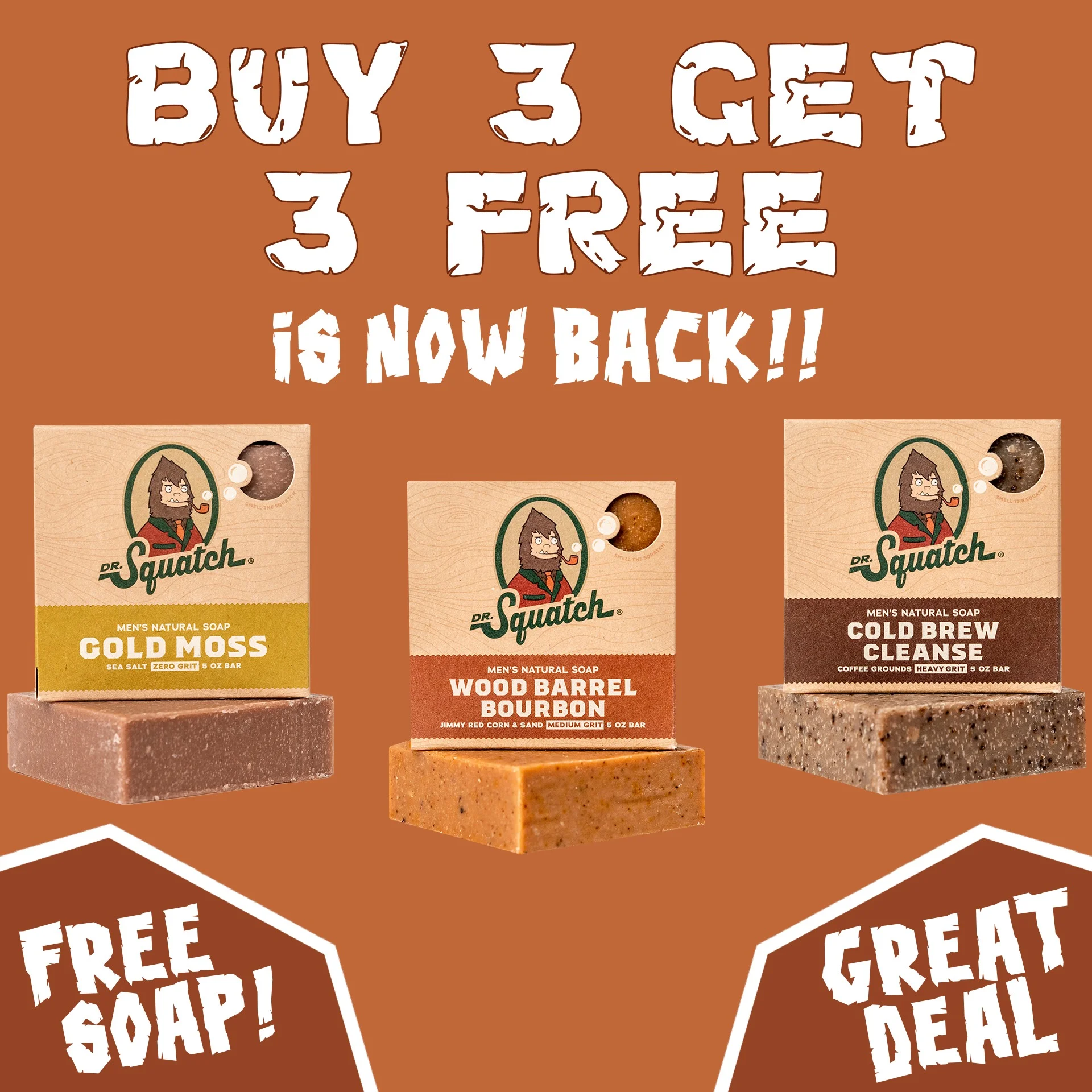 Dr Squatch Buy 3 Get 3 Free soap offer with product display