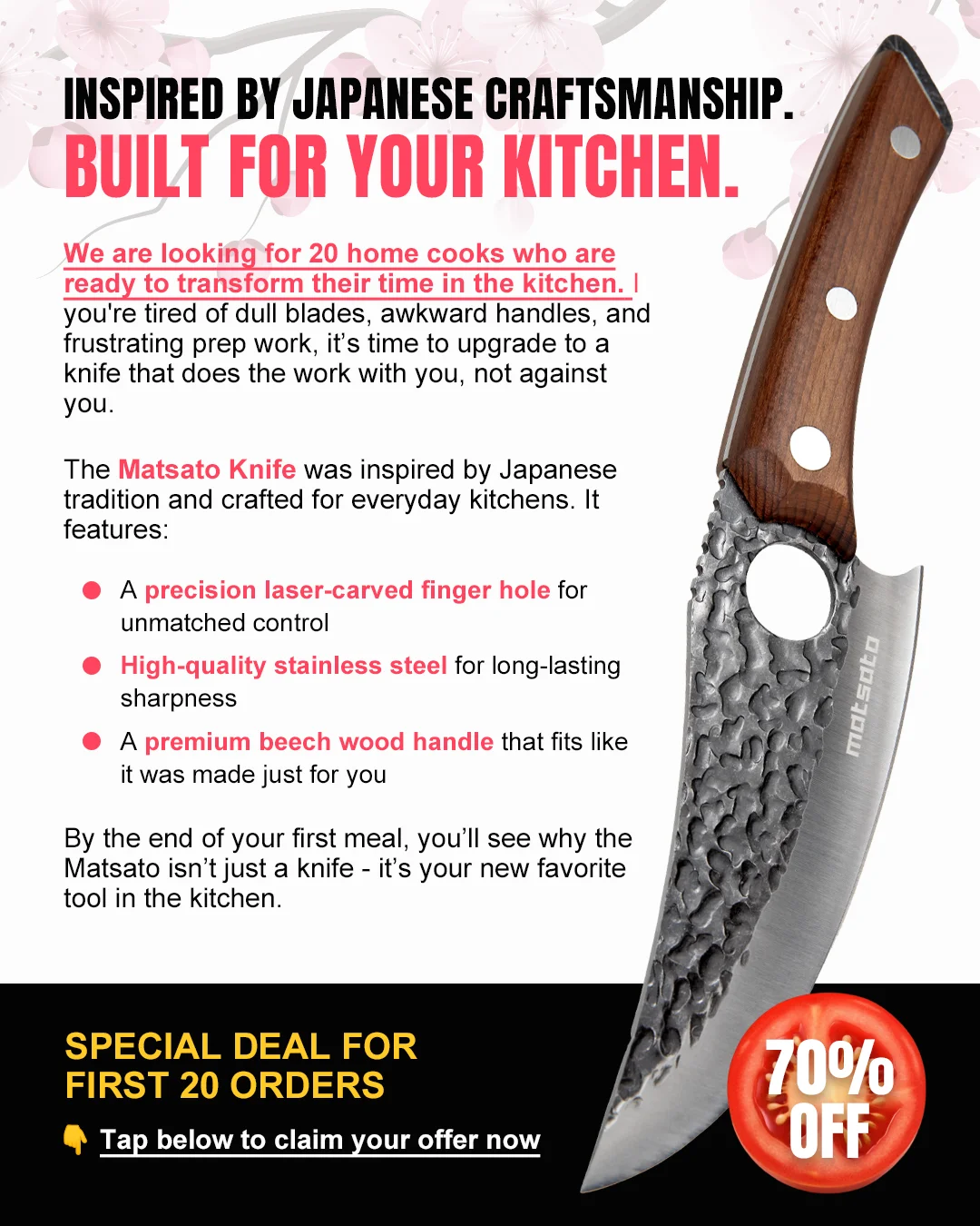 Matsato knife text-heavy product shot with Japanese craftsmanship headline