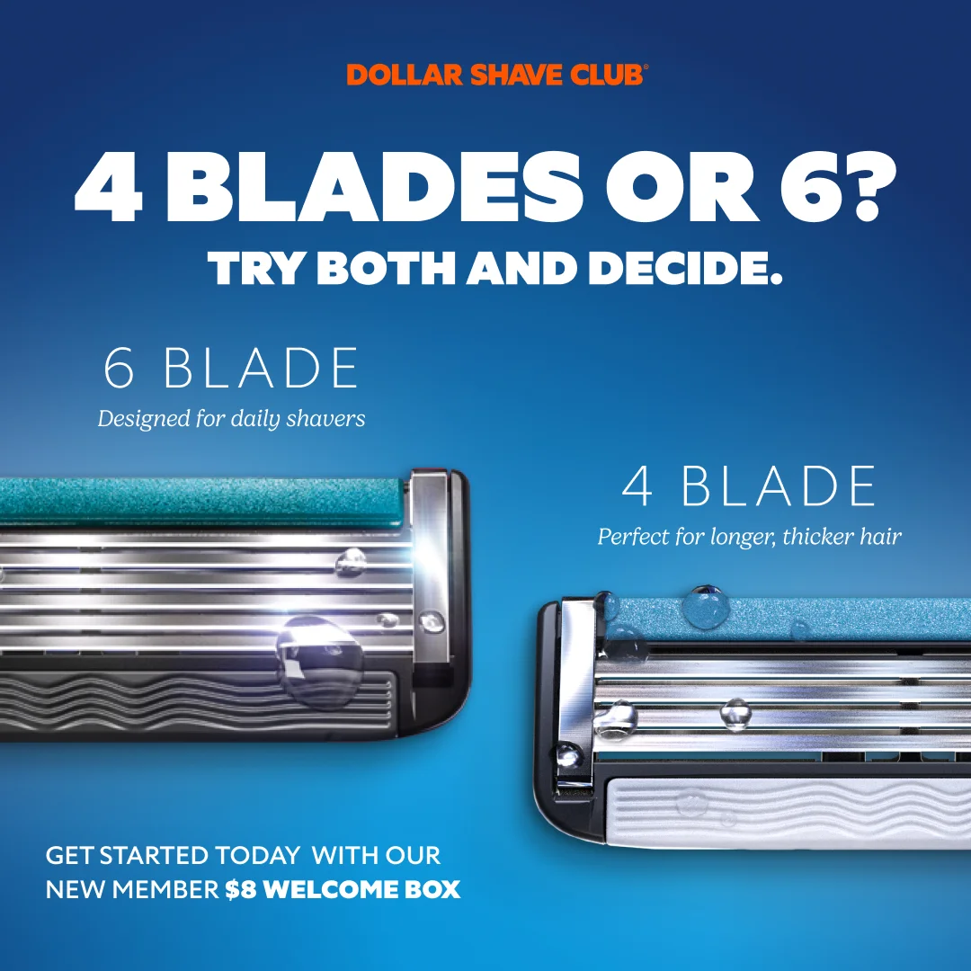 Dollar Shave Club 4 blades vs 6 blades comparison on blue gradient