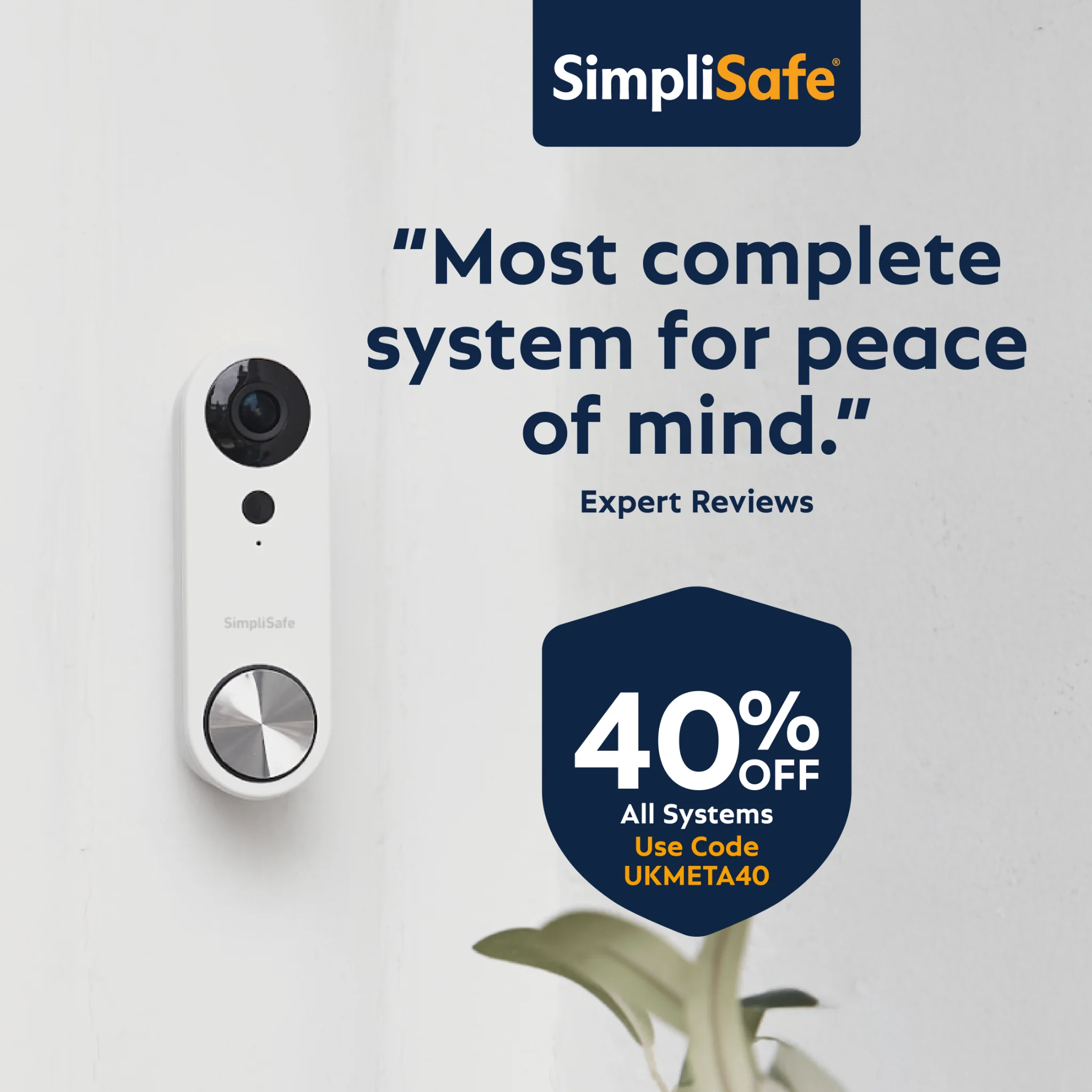 SimpliSafe doorbell product shot with offer text on textured background