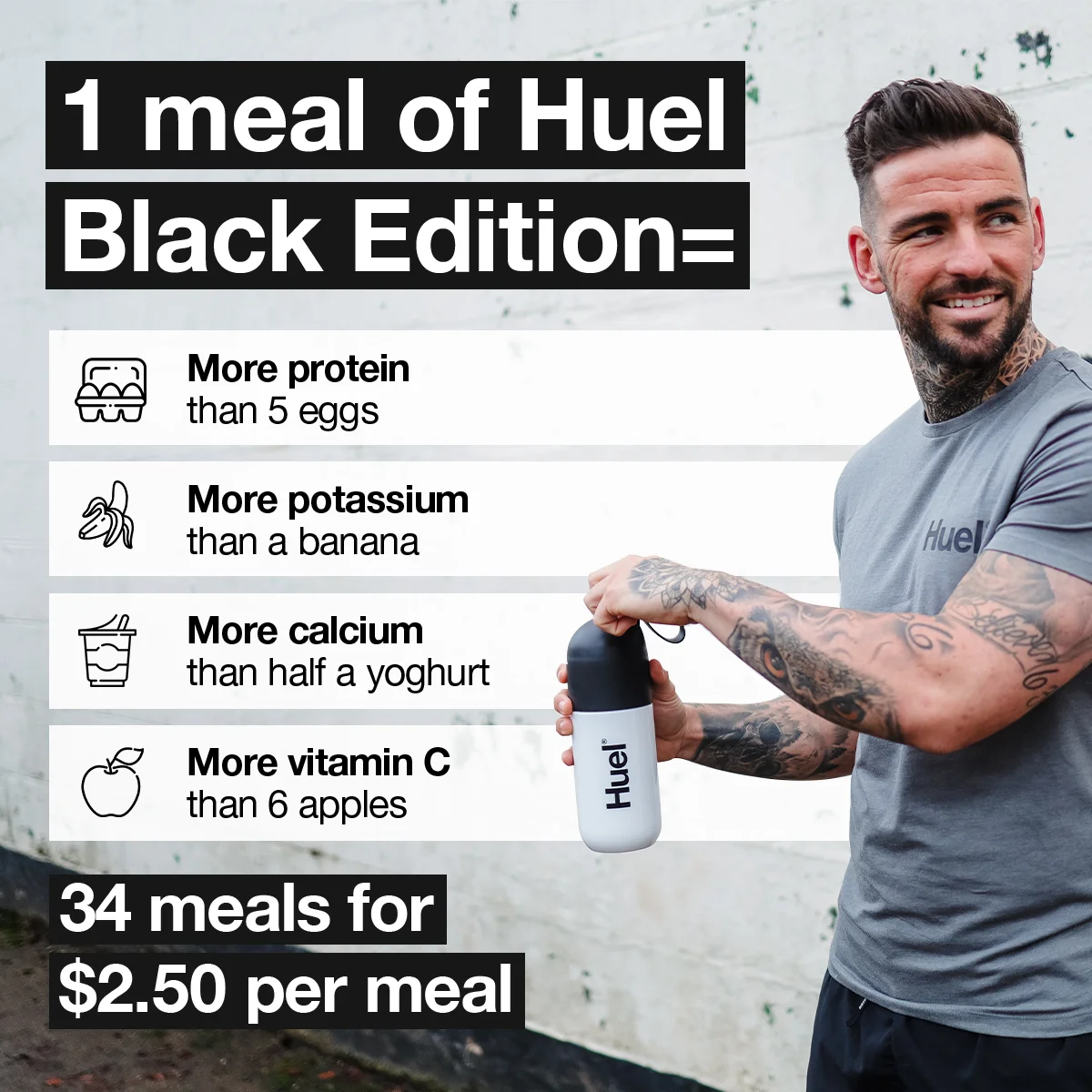 Huel Black Edition split screen with nutritional comparisons and user