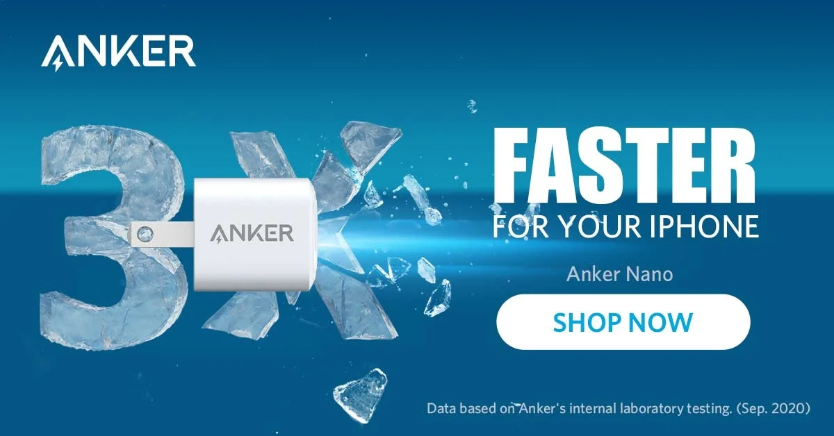 Anker Nano Charger breaking through an icy 3X numeral with FASTER headline