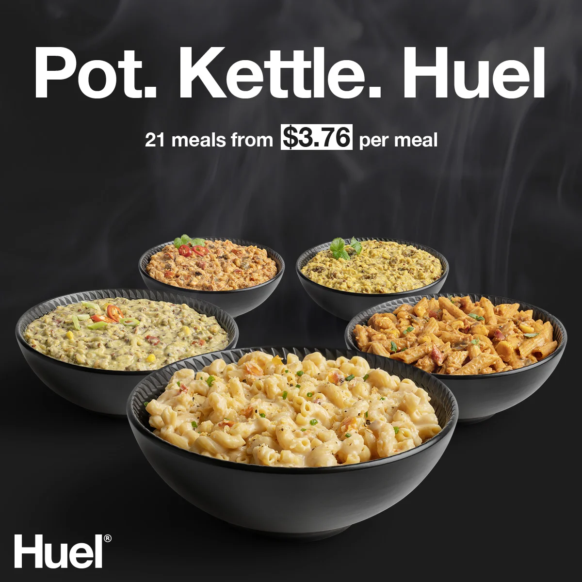 Huel Hot and Savoury five vibrant bowls on dark background