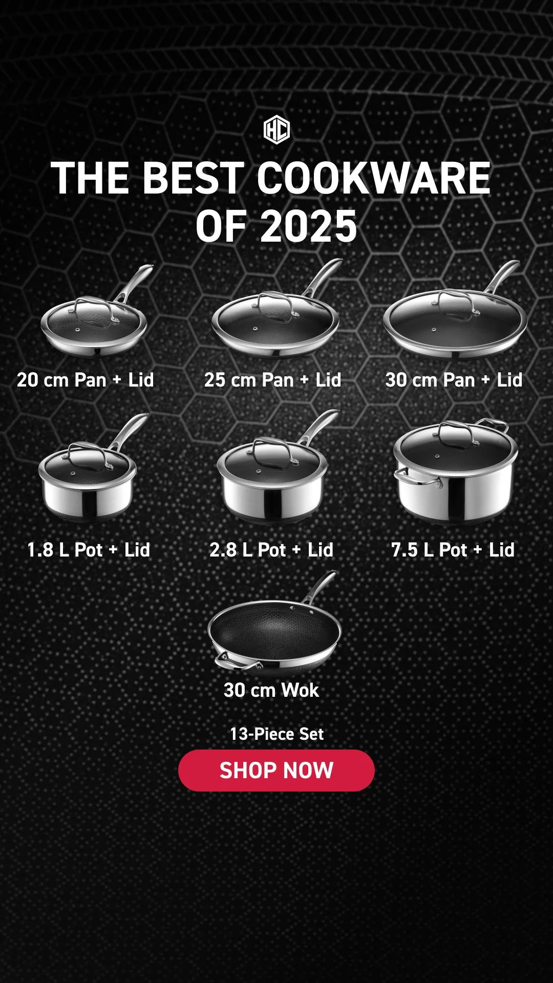 HexClad cookware set product grid on dark textured background