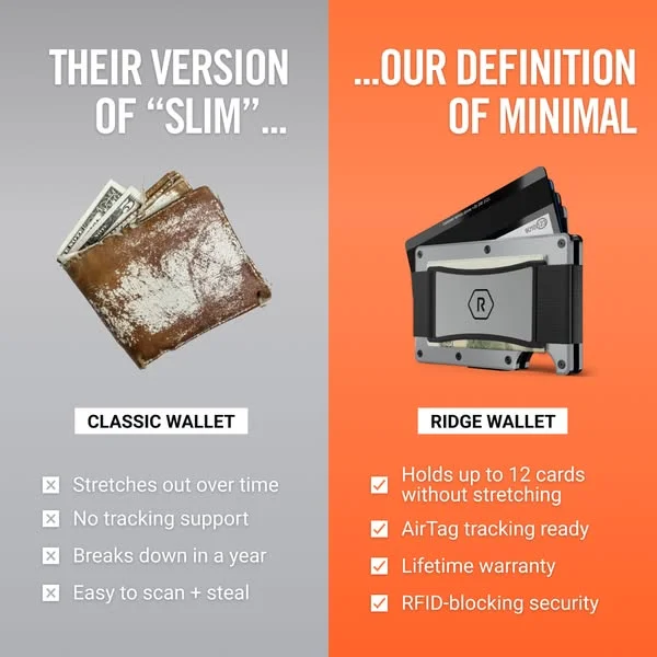 The Ridge Wallet split screen - worn bulky wallet vs sleek minimal Ridge