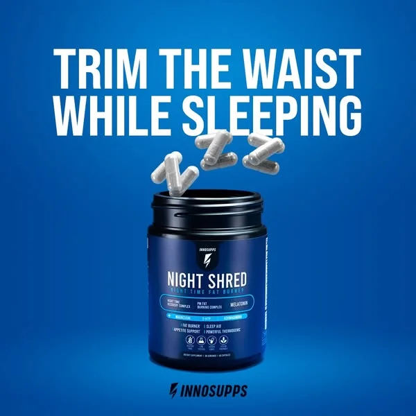 Inno Supps Night Shred supplement on vibrant blue gradient with benefit headline