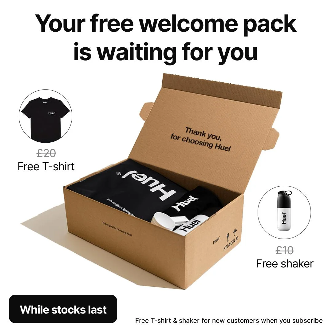 Huel welcome pack unboxing flat lay with free welcome pack offer