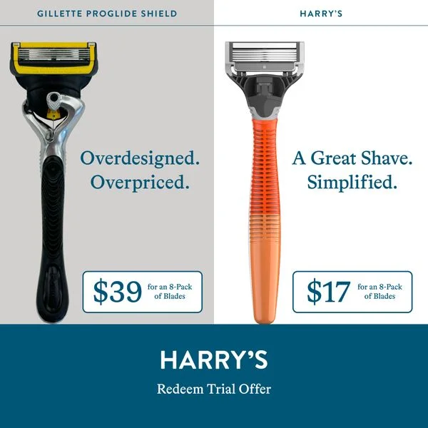Harry's vs Gillette Proglide Shield split screen comparison ad