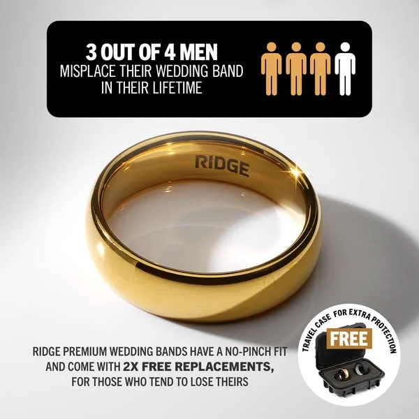 The Ridge wedding band with problem-solution stat about men misplacing rings