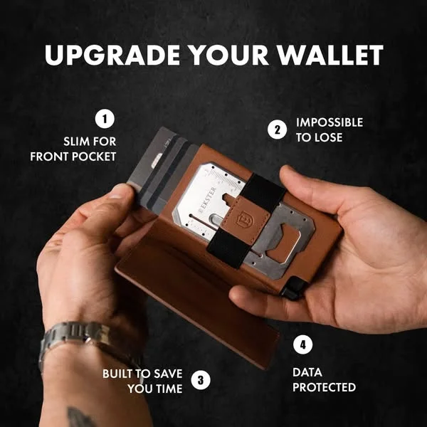 Ekster wallet feature spotlight showing product in hands against dark background