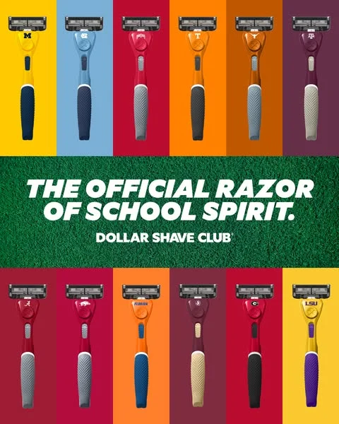 Dollar Shave Club school spirit razors on vibrant color blocks