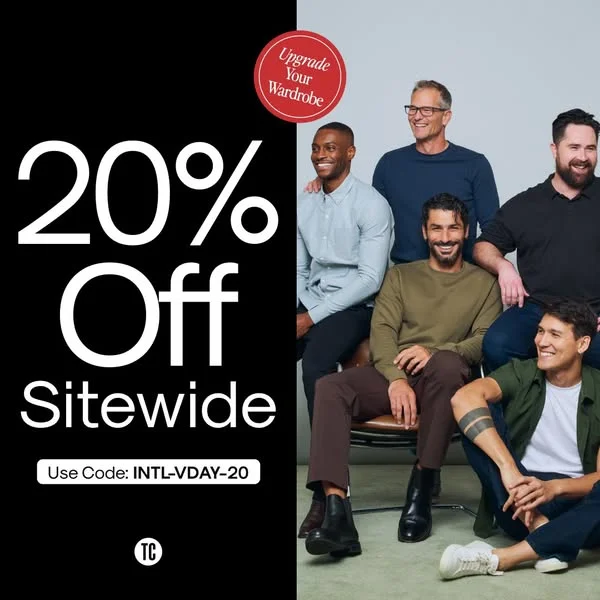 True Classic split screen with 20% off sitewide and diverse group of men