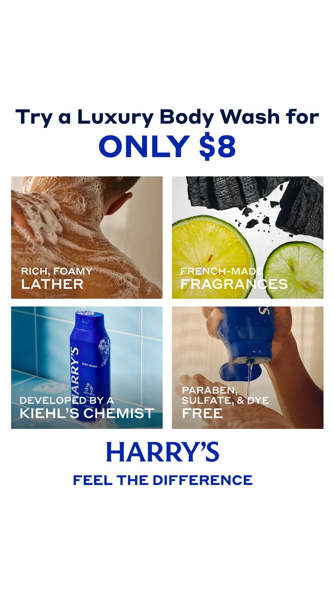 Harry's body wash four-quadrant grid with luxury positioning at $8 price point