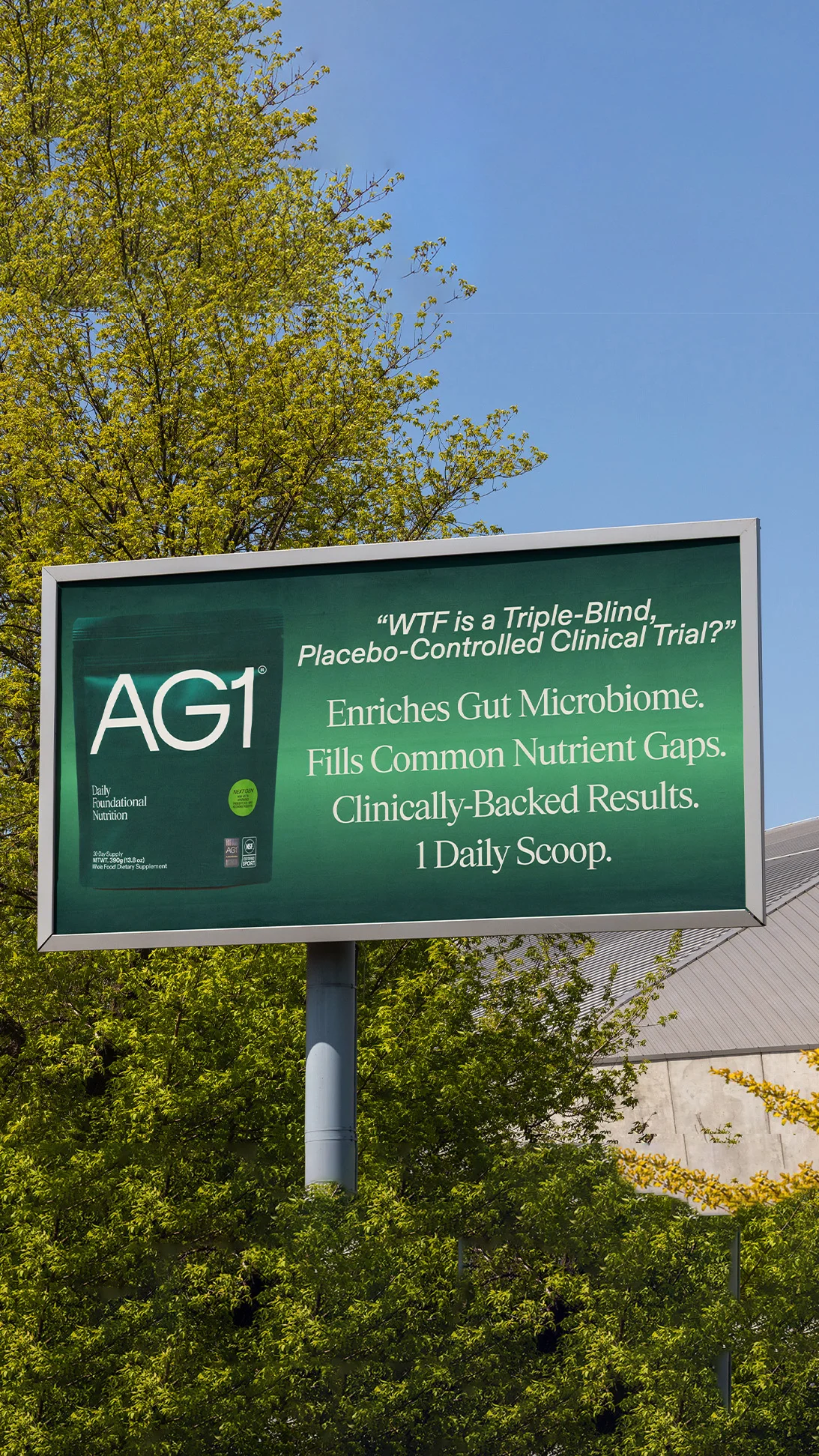 AG1 by Athletic Greens billboard ad with provocative clinical trial question