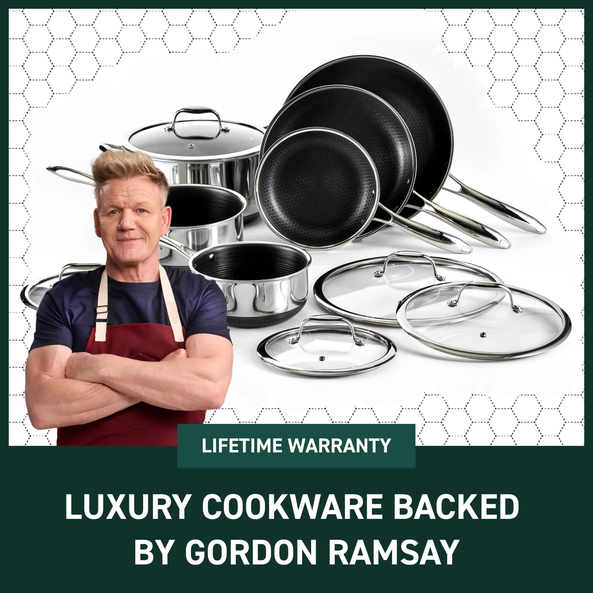 HexClad cookware set with Gordon Ramsay endorsement on clean background