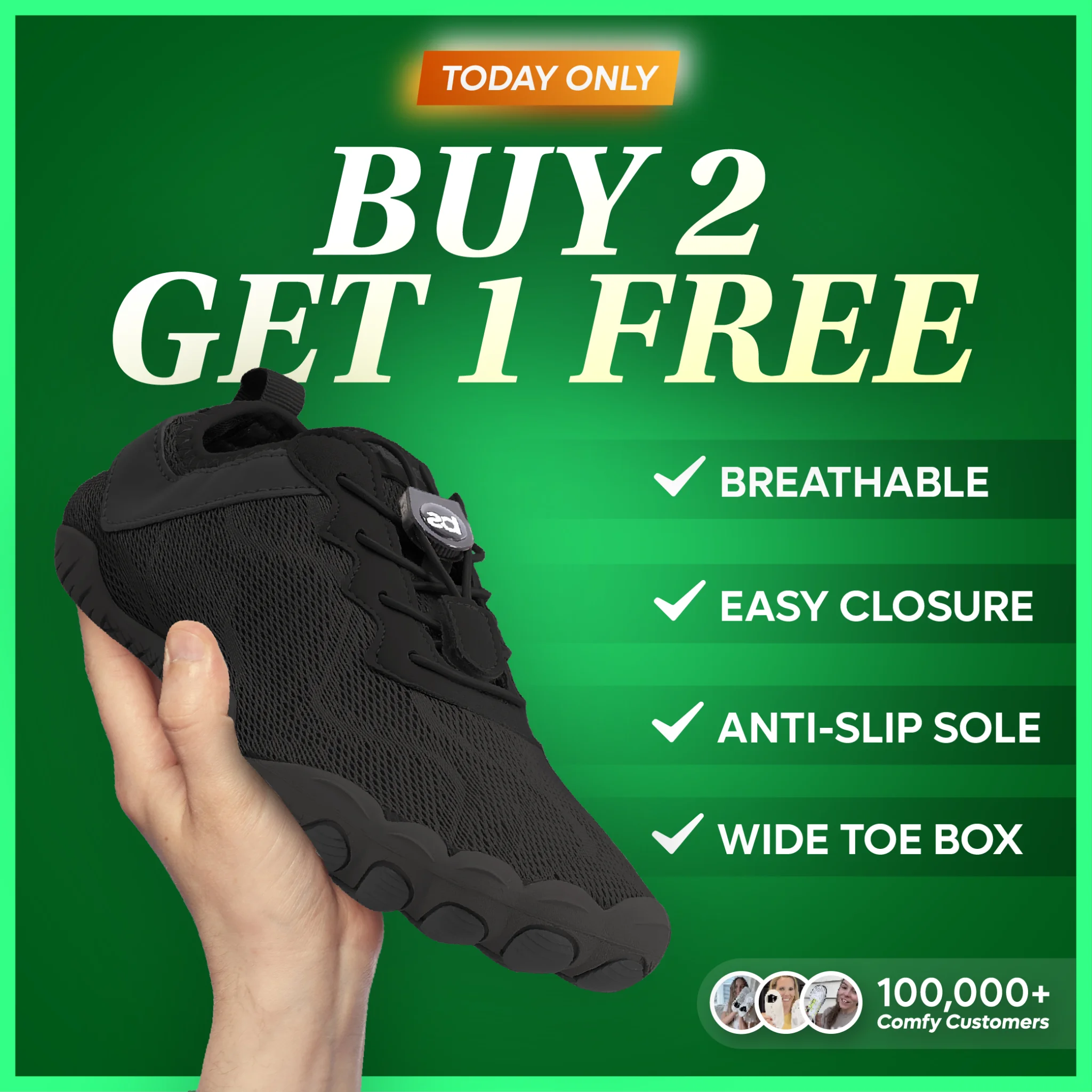 Barestep product in hand on vibrant green background with buy 2 get 1 free offer