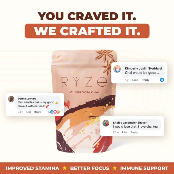 Ryze Mushroom Chai product flanked by social media comments