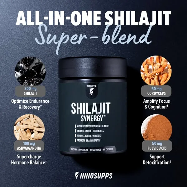 Inno Supps Shilajit supplement with ingredient icons arranged in grid