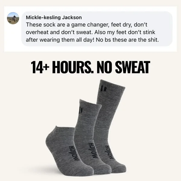 Hollow Socks testimonial and product display with 14 hours no sweat claim