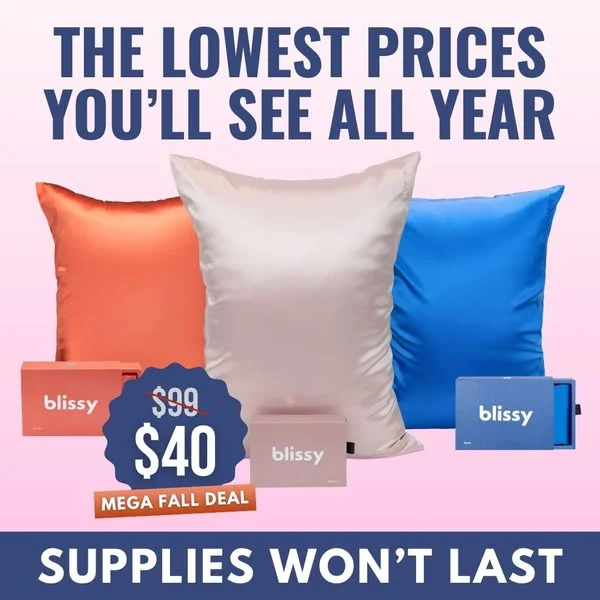 Blissy silk pillowcases bold sale announcement with lowest prices headline