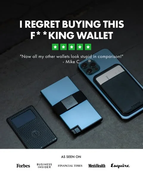 Ekster wallet bold testimonial with provocative I REGRET headline and 4.5 stars