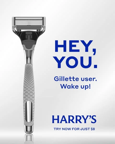 Harry's razor clean hero shot with HEY YOU direct challenge headline
